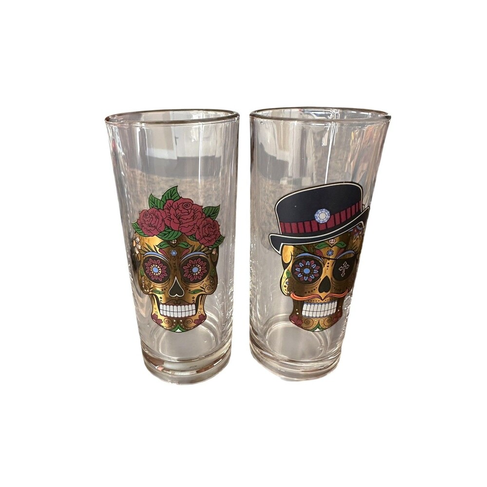 Pair Day of the Dead Sugar Skull Highball Glasses Gold Foil Top Hat Rose Floral